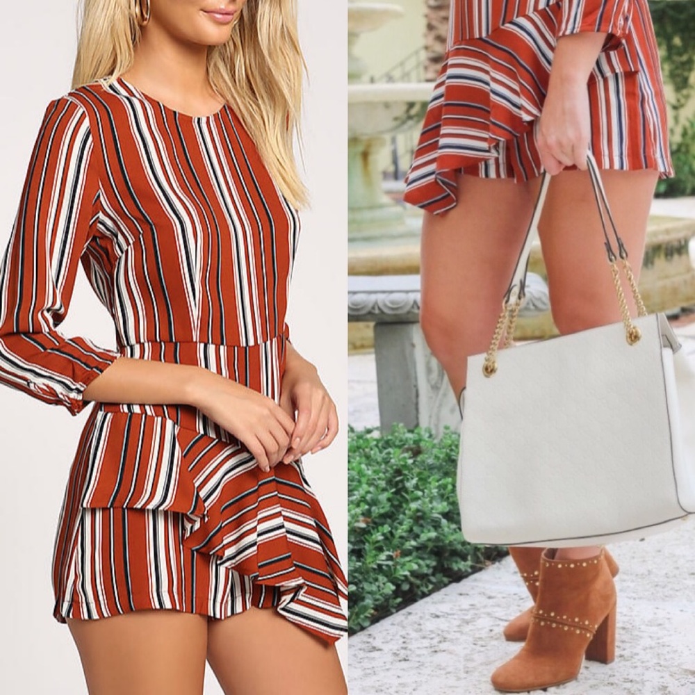 . Nordstrom Lush Rust Orange Striped Asymmetrical Long Sleeve Ruffle Romper - Picture 3 of 15